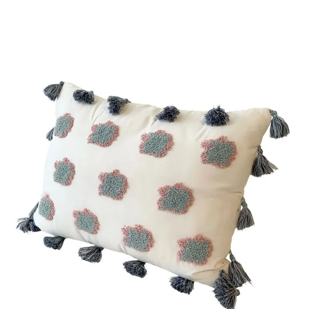 Small Decorative Rectangle Throw Pillow with Clouds and Pompoms